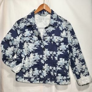 Denim Floral Cotton Jacket Navy White Small Trendy